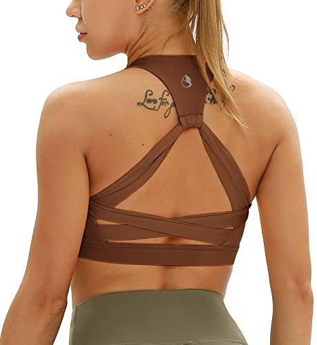 icyzone Damen Yoga Sport-BH mit Gepolstert Fitness Bustier Workout Running Bra (L, Brown) von icyzone