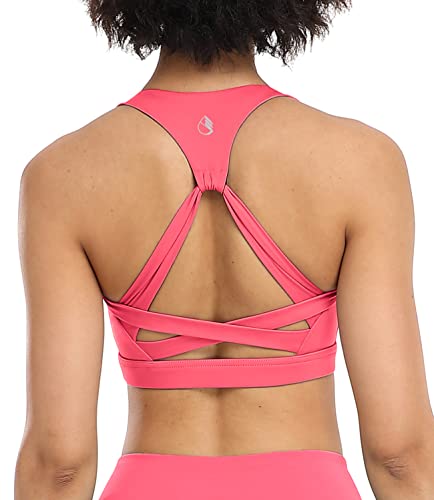 icyzone Damen Yoga Sport-BH mit Gepolstert Fitness Bustier Workout Running Bra (L, Neon Pink) von icyzone