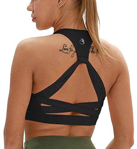 icyzone Damen Yoga Sport-BH mit Gepolstert Fitness Bustier Workout Running Bra (L, Schwarz) von icyzone