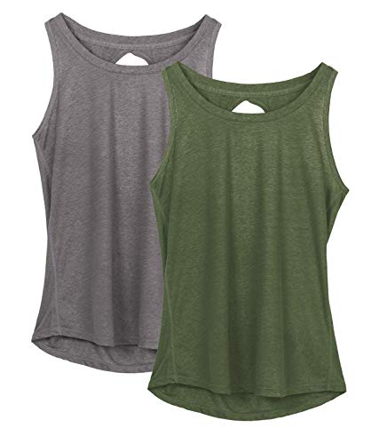 icyzone Damen Sport Top Rückenfrei Fitness Yoga Tank Top Leichte Ärmellos Sommer Casual Shirts, 2er Pack (L, Grau/Dunkelgrün) von icyzone