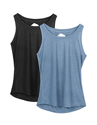 icyzone Damen Yoga Sport Tank Top Rückenfrei Fitness Oberteil ärmellos Shirts, 2er Pack (L, Schwarz/Blau) von icyzone