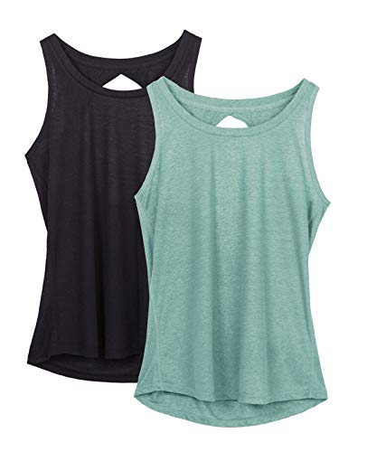 icyzone Damen Yoga Sport Tank Top Rückenfrei Fitness Oberteil ärmellos Shirts, 2er Pack (S, Schwarz/Hellgrün) von icyzone