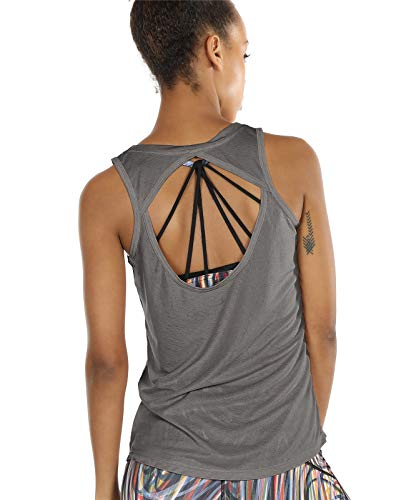 icyzone Damen Yoga Sport Tank Top - Rückenfrei Fitness Shirt Oberteil ärmellos Training Tops (L, Grey von icyzone