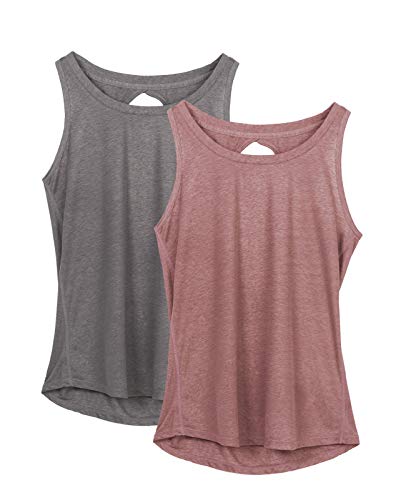 icyzone Damen Yoga Sport Tank Top Rückenfrei Fitness Oberteil ärmellos Shirts, 2er Pack (L, Grau/Mokka) von icyzone