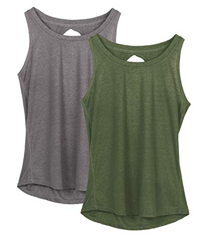 icyzone Damen Yoga Sport Tank Top Rückenfrei Fitness Oberteil ärmellos Shirts, 2er Pack (M, Grau/Dunkelgrün) von icyzone