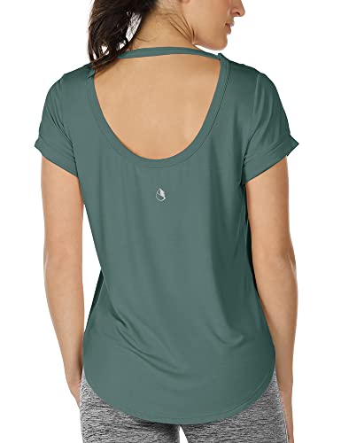 icyzone Damen Yoga T-Shirt Rückenfrei Sport Freizeit Tops Kurzarm Oberteile Loose Casual V-Ausschnitt Shirt (L, Dunkelgrau-grün) von icyzone