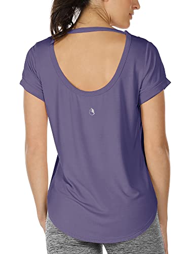 icyzone Damen Yoga T-Shirt Rückenfrei Sport Freizeit Tops Kurzarm Oberteile Loose Casual V-Ausschnitt Shirt (L, Lila) von icyzone