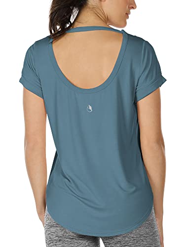 icyzone Damen Yoga T-Shirt Rückenfrei Sport Freizeit Tops Kurzarm Oberteile Loose Casual V-Ausschnitt Shirt (L, Petrol Blue) von icyzone