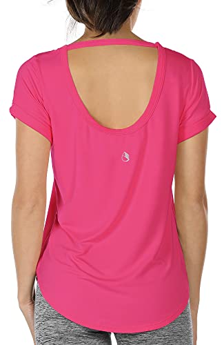 icyzone Damen Yoga T-Shirt Rückenfrei Sport Freizeit Tops Kurzarm Oberteile Loose Casual V-Ausschnitt Shirt (M, Rose-Bengal) von icyzone