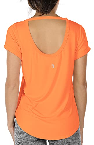 icyzone Damen Yoga T-Shirt Rückenfrei Sport Freizeit Tops Kurzarm Oberteile Loose Casual V-Ausschnitt Shirt (XL, Orange) von icyzone