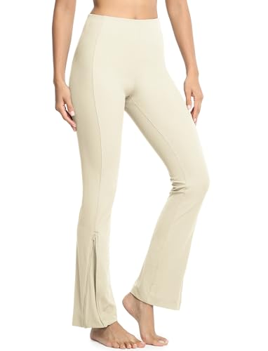 icyzone Damen Yogahose Gerippt Bootcut Jogginghose Sporthose Hohe Taille Flare Hose Yoga Pants (M, Bone) von icyzone