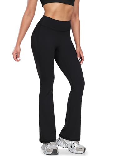 icyzone Damen Yogahose Schlaghose Hohe Taille Flared Leggings Bootcut Elastische Freizeit Sport Hosen (S, Black) von icyzone