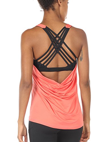 icyzone Damen Sport Tops mit Integriertem BH - 2 in 1 Yoga Gym Shirt Fitness Training Tanktop (XL, Fusion Coral) von icyzone