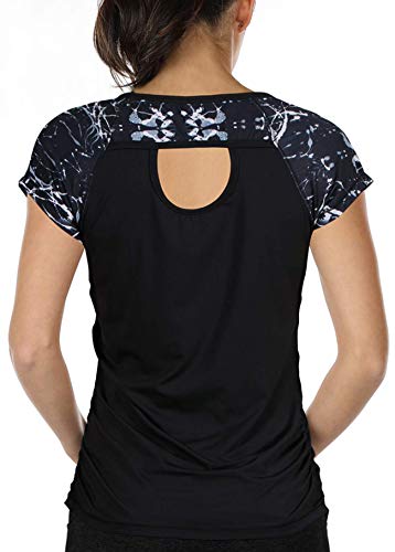 icyzone Damen Sport T-Shirt Kurzarm Laufshirt Rückenfrei Fitness Oberteile Gym Yoga Top (L, Monochrome/Black) von icyzone