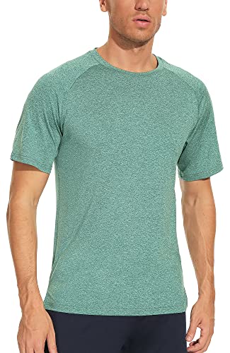 icyzone Herren Sport T-Shirts Laufshirt Kurzarm Atmungsaktiv Schnelltrocknend Gym Fitness Shirts (L, Grün) von icyzone