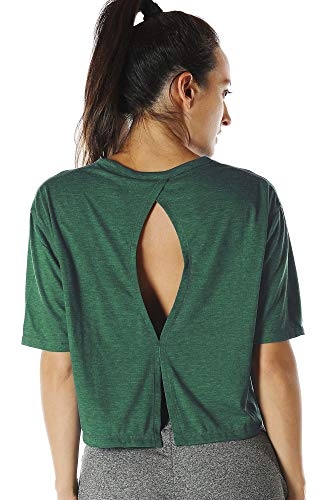 icyzone Sport T-Shirt Damen Fitness Kurzarm Shirt Rückenfrei Yoga Crop Top Oberteile Loose Fit (L, Army) von icyzone