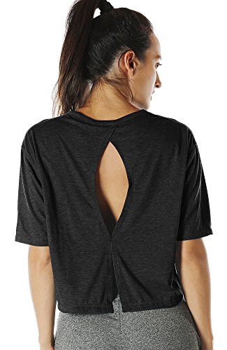 icyzone Sport T-Shirt Damen Fitness Kurzarm Shirt Rückenfrei Yoga Crop Top Oberteile Loose Fit (L, Black) von icyzone