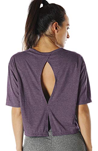 icyzone Sport T-Shirt Damen Fitness Kurzarm Shirt Rückenfrei Yoga Crop Top Oberteile Loose Fit (L, Plum Purple) von icyzone