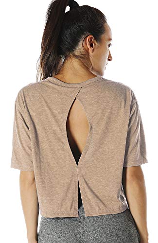 icyzone Sport T-Shirt Damen Fitness Kurzarm Shirt Rückenfrei Yoga Crop Top Oberteile Loose Fit (M, Beige) von icyzone