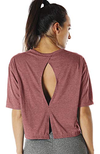 icyzone Sport T-Shirt Damen Fitness Kurzarm Shirt Rückenfrei Yoga Crop Top Oberteile Loose Fit (M, Burgundy) von icyzone