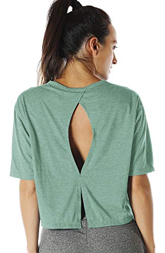 icyzone Sport T-Shirt Damen Fitness Kurzarm Shirt Rückenfrei Yoga Crop Top Oberteile Loose Fit (M, Green) von icyzone