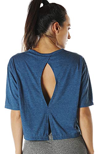 icyzone Sport T-Shirt Damen Fitness Kurzarm Shirt Rückenfrei Yoga Crop Top Oberteile Loose Fit (S, Denim) von icyzone