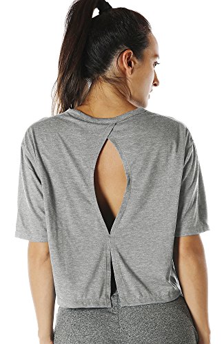 icyzone Sport T-Shirt Damen Fitness Kurzarm Shirt Rückenfrei Yoga Crop Top Oberteile Loose Fit (S, Grey) von icyzone