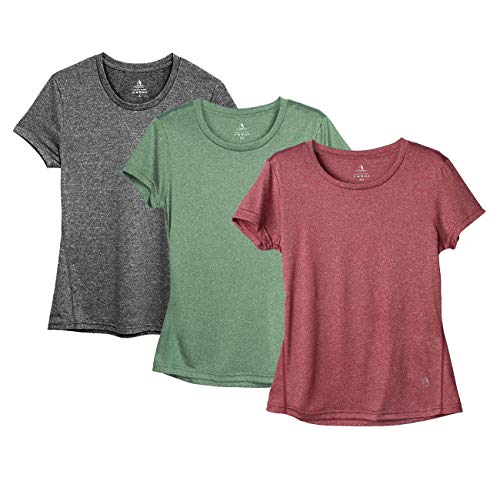 icyzone Sport T-Shirt Damen Kurzarm Laufshirt - Atmungsaktive Fitness Gym Shirt Sport Oberteile, 3er Pack (L, Charcoal/Burgundy/Turf Green) von icyzone