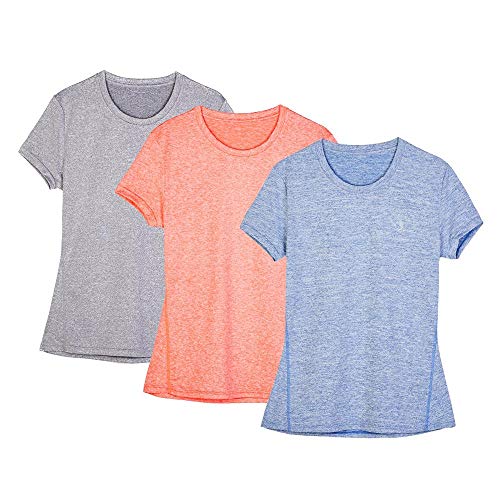icyzone Sport T-Shirt Damen Kurzarm Laufshirt - Atmungsaktive Fitness Gym Shirt Sport Oberteile, 3er Pack (L, Granite/Blue/Orange) von icyzone