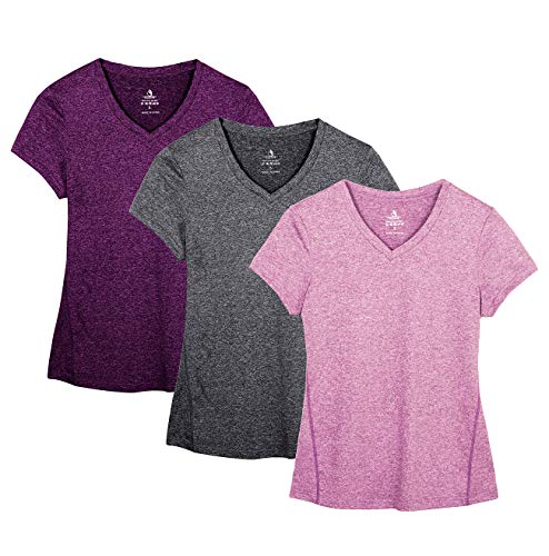 icyzone Damen Sport Fitness T-Shirt Kurzarm V-Ausschnitt Laufshirt Shortsleeve Yoga Top 3er Pack (S, Charcoal/Red Bud/Pink) von icyzone
