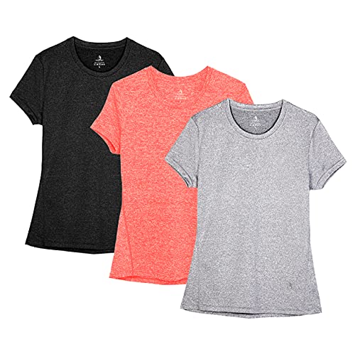 icyzone Sport T-Shirt Damen Kurzarm Laufshirt - Atmungsaktive Fitness Gym Shirt Sport Oberteile, 3er Pack (XS, Black/Granite/Orange) von icyzone