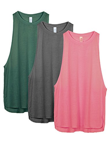 icyzone Damen Sport Top Locker - Atmungsaktive Fitness Shirt Muscle Tank Top Sport Oberteile, 3er Pack (L, Army/Charcoal/Pink) von icyzone