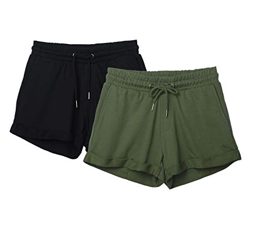 icyzone Damen Shorts Kurze Sporthose Jogginghose Atmungsaktiv Laufshorts Gym Fitness Shorts 2er Pack (L, Black/Green) von icyzone
