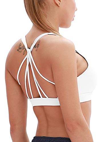 icyzone Damen Yoga Sport-BH mit Gepolstert - Atmungsaktiv Ohne Bügel Sports Bra, Stappy Fitness Gym BH (L, Off White) von icyzone