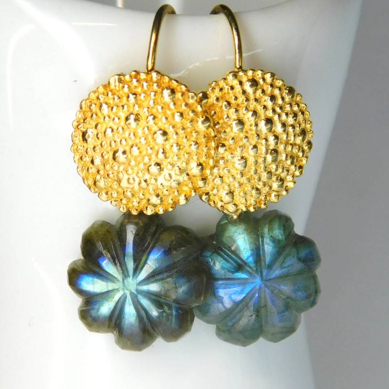 Gravierte Labradoritblüten...einzigartig Ohrhänger 925 Sterling Silber Vergoldet von ideabrillante