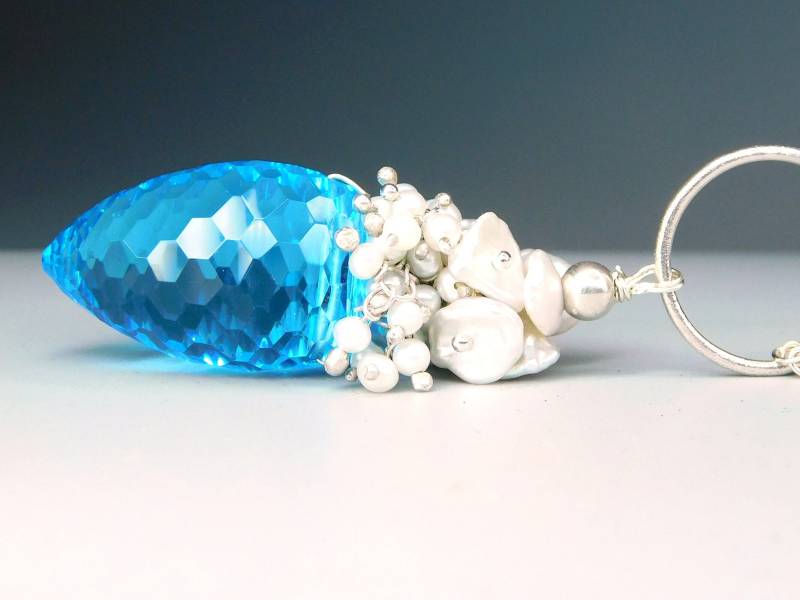 Wow Statement-Anhänger....swiss Blue Zapfen in Atemberaubender Größe Und Schliff & Edle Perlen Lange 925 Silber Kette von ideabrillante