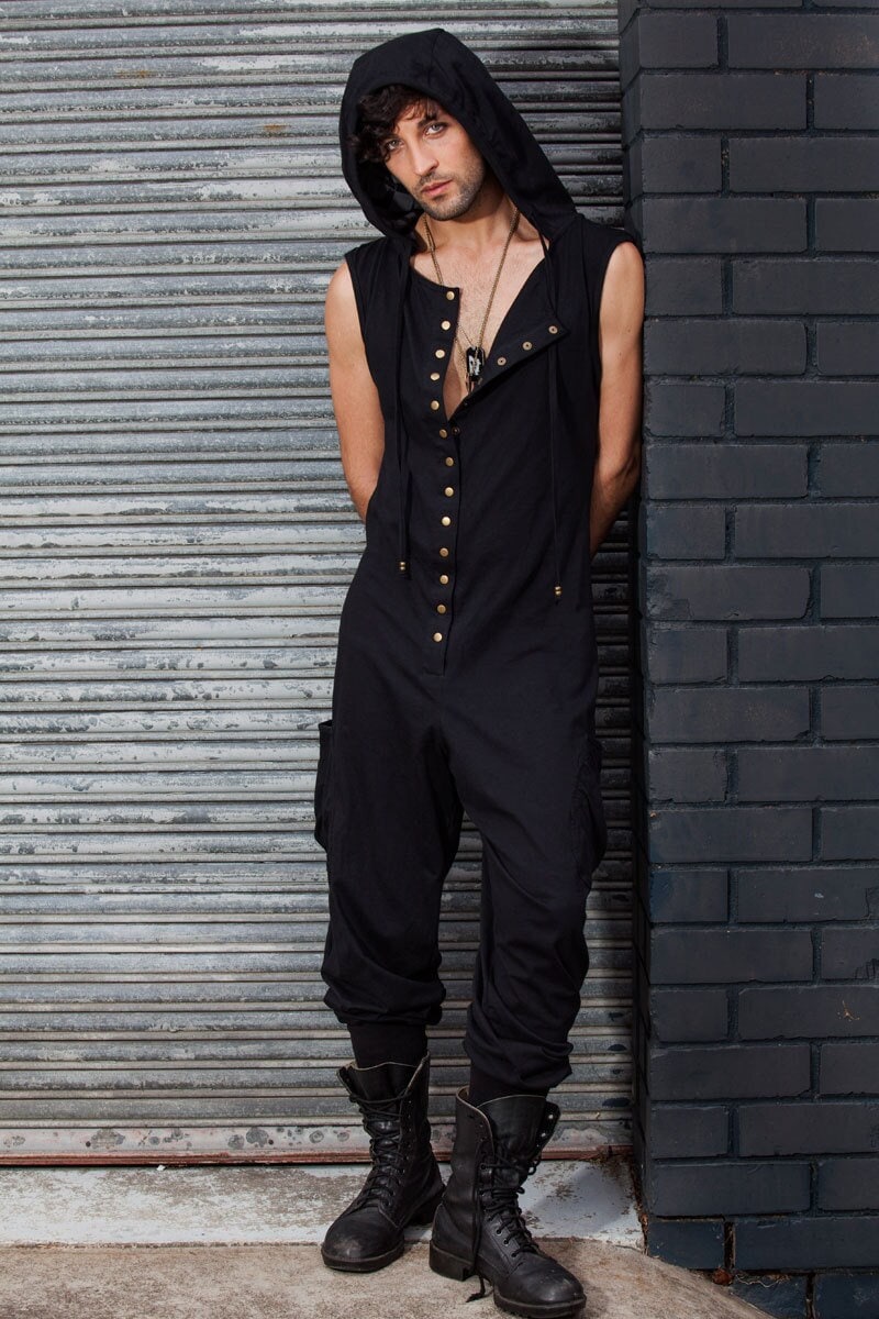 Herren Kapuzen Baumwoll-Jersey Jumpsuit Ärmelloser Festival Overall von idisdesigns