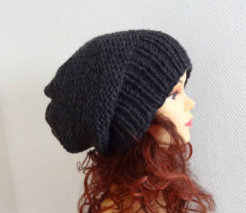 Dunkel Graphitfarbene Mütze Sackleinen Wintermütze - Herbst Accessoires Slouchy Beanie Hut Oversized Hat Grobstrick Herren Grobstrick-Mütze von ifonkaa