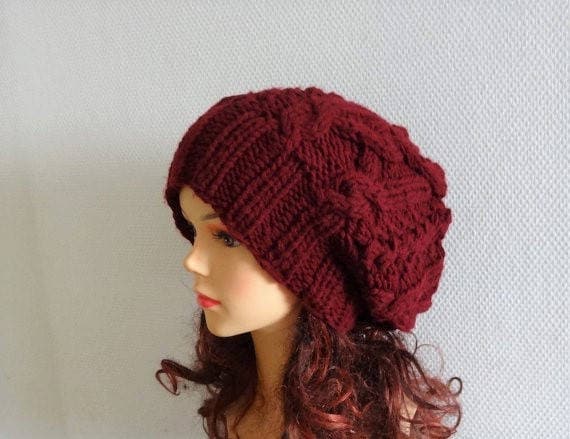 Handgefertigte Strick Zopfmuster Mütze Beanie Slouchy Große Männer Frauen Maroon Baggy Warme Grobstrick von ifonkaa