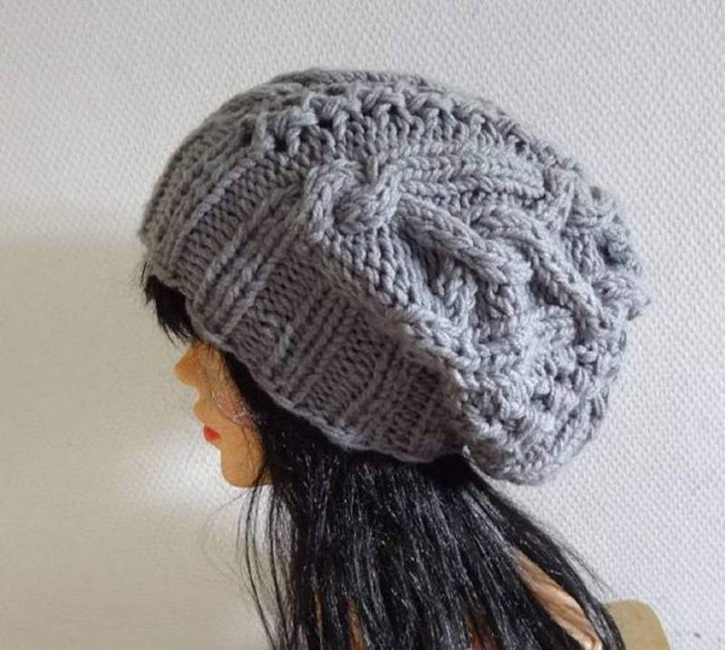 Handgemachte Strickmütze Beanie Slouchy Mütze Große Herren Graue Baggy Cabled Warme Herrenmütze Chunky Damen von ifonkaa