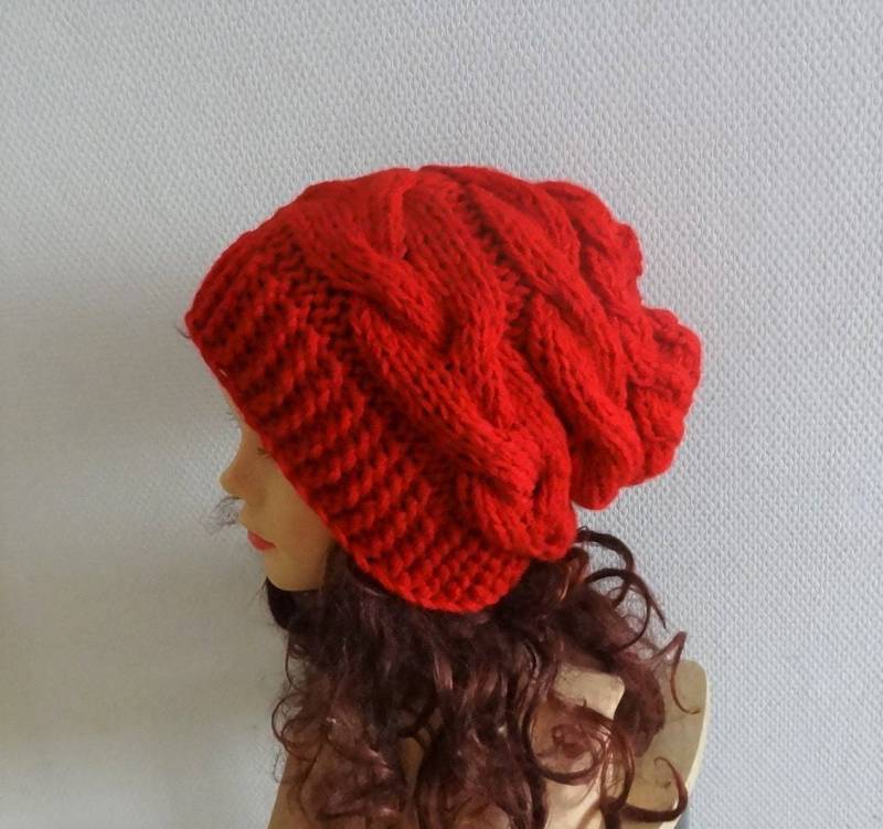 Slouchy Frauen Strickmütze Red Mütze Damenmode Wintermütze Slouchy Beanie Unisex Hat Zopfmuster Große Farben von ifonkaa
