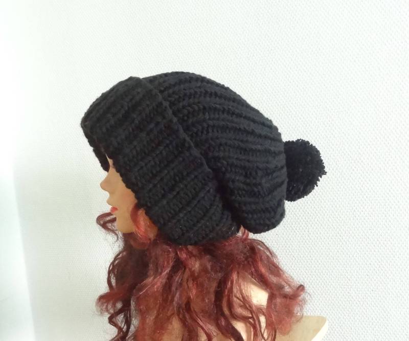 Super Slouchy Beanie Big Baggy Mütze Mit Bommel Frauen Hut - Groß Männer Oversized Wintermütze Großer Schwarz Colours von ifonkaa