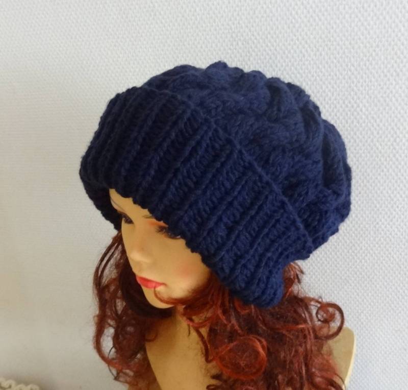Unisex Knit Slouchy Hat Beanie Damen Mütze Oversized Super Slouchy Hat Strick Zopfmütze Große Männer Hut Grobstrick Marine Strickmütze von ifonkaa