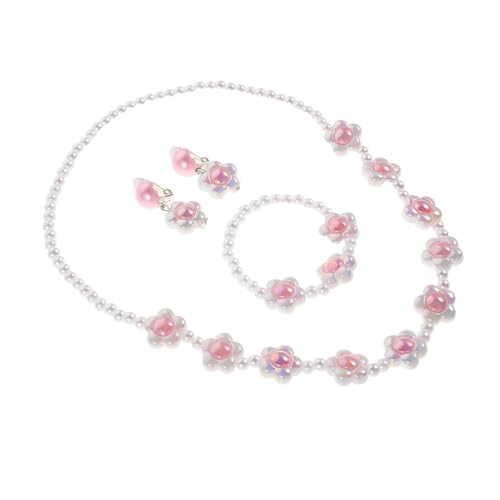 ifundom Mädchen Schmuckset Perlen Blüten Halskette Armband Ohrringe Versatile Prinzessin Accessoires für Kleinkinder Party Alltag von ifundom