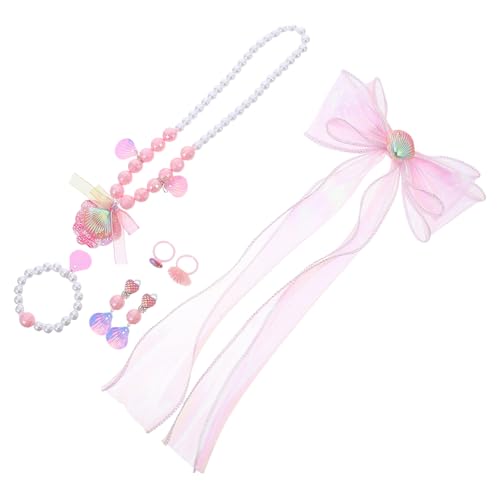 ifundom Teiliges Schmuckset Meerjungfrau Mädchen Prinzessin Schmuckset mit Schleifen Haarclips Muschel Halskette Perlen Armband Finger Ring für Geburtstag Party Alltag von ifundom