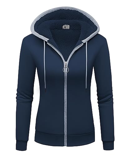 igeekwell Damen Fleecejacke mit Kapuze Sweatjacke Outdoor Winterjacke Hoodie Damen mit Fleecepullover Herbst Kapuzenpullover für Damen(Marine-XL) von igeekwell