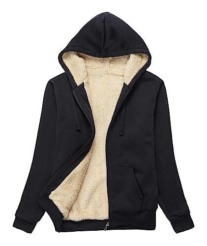 igeekwell Fleecejacke mit Kapuze Damen Warm Hoodie Sweatjacke Teddyfutter Outdoor Kapuzenjacke Zipper Fleece Sweashirt Winterjacke (Schwarz-XL) von igeekwell