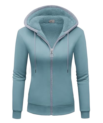 igeekwell Fleece Jacke Damen mit Kapuze Strickjacke Outdoor Sweatjacke Winterjacke Hoodie Damen mit Gefüttert Herbst Sweater Kapuzenpullover für Damen(Steinblau-2XL) von igeekwell