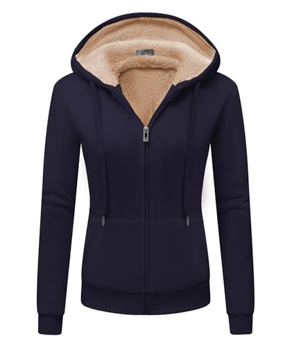 igeekwell Fleecejacke Gefüttert mit Teddyfutter Damen Kapuzenjacke Outdoor Sweatjacke mit Kapuzen Damen Hoodie Fleece Pullover Jacket Sweater Kapuzenpullover mit Fleece Gefüttert(Marine-L) von igeekwell