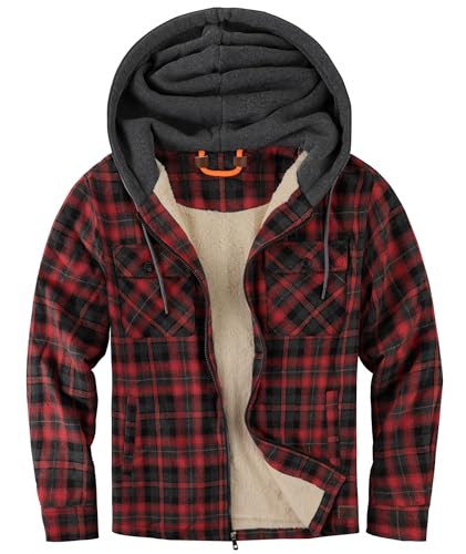 igeekwell Fleecejacke Herren Hemdjacke für Männer Winterjacke mit Kapuze Karierte Jacke für Winter Flanellhemd mit FleeceFutter & Reißverschluss Holzfällerjacke Thermojacke für Outdoor rot Gr L von igeekwell